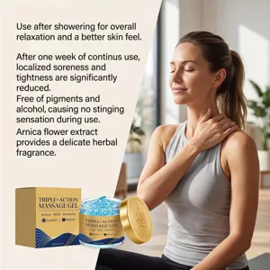 Detailansicht des Triple-Action Massagegels mit Gebrauchsanweisung und Modell-Nackenmassage.