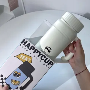 Taza térmica de acero inoxidable 316 crema con asa resistente y diseño de dibujos animados