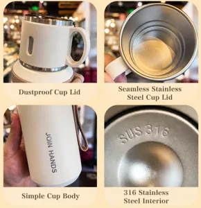 Close-up details of 316 stainless steel vacuum flask lid, inner bottom, and minimalist body