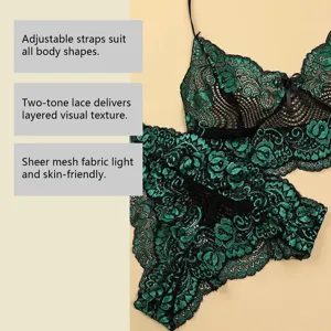 Detail of emerald green and black two-tone lace lingerie set with adjustable straps
