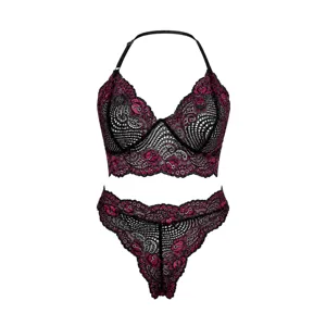 Women's two-tone black and pink floral lace lingerie set with bra and thong