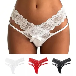 Lace thong underwear with delicate bow detail, comfortable breathable fit, detail view variant.