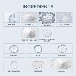 Presentación de ingredientes del gel de cuidado corporal con elementos activos refrescantes.