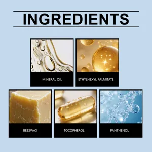 Vue détaillée des ingrédients du produit avec huile minérale, cire d'abeille et actifs.