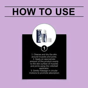 Gráfico detallado del roll-on de cuidado muscular con instrucciones claras de uso del producto.