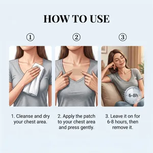 Step-by-step usage guide detail showing how to properly cleanse, apply, and wear the chest patch.