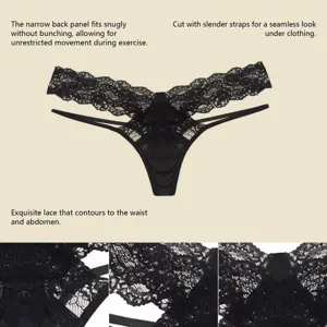 Detailed view of the black lace thong showcasing exquisite lace and slender side straps.