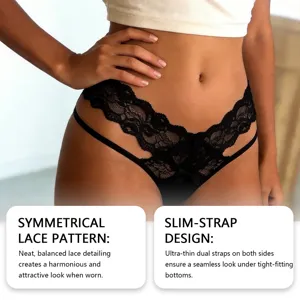 Women sexy black lace thong panties with ultra-thin dual side straps and floral pattern.