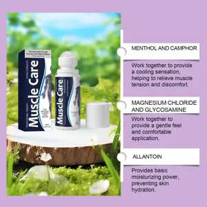 Botella roll-on de cuidado muscular con ingredientes naturales para aliviar el dolor.