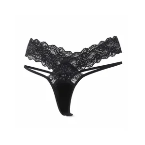 Black lace thong panties with delicate bow design, breathable and comfortable intimate apparel.