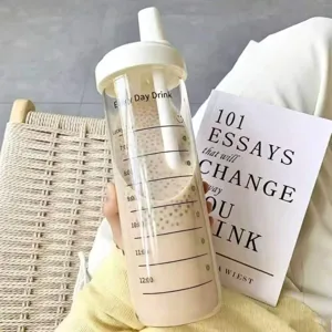 Detailed view of portable plastic straw water bottle with boba pearls and time markers