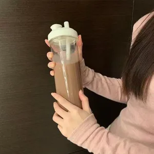 Large capacity transparent straw water cup for office and school daily use, stylish juice tumbler.