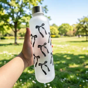 Detailed view of a frosted portable water bottle featuring stylish black bow prints