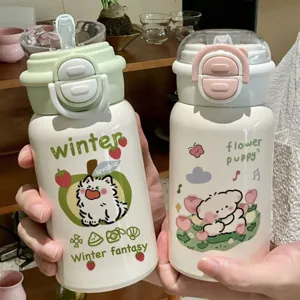 Cute cartoon 316 stainless steel insulated water bottle with straw and portable handle