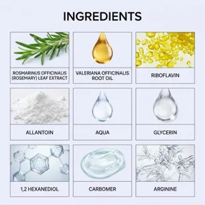 Vista detallada de ingredientes para el cuidado de la piel con componentes botánicos y químicos.