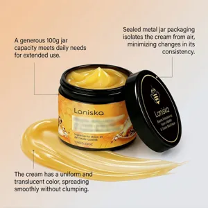 Texture dettagliata della crema corpo Laniska con consistenza gialla traslucida.