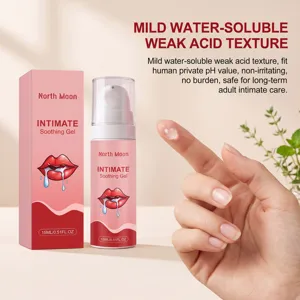 Détail de la texture du gel intime North Moon avec flacon 15ml et boîte d'emballage