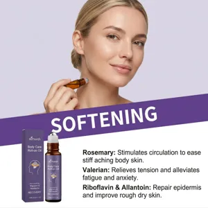 Aceite roll on de cuidado corporal vista detallada con ingredientes y aplicacion en cuello