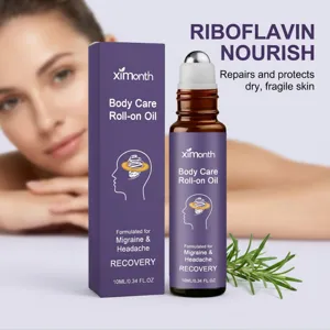 XIMONTH aceite roll-on para el cuidado corporal detalle muestra botella y fórmula calmante.