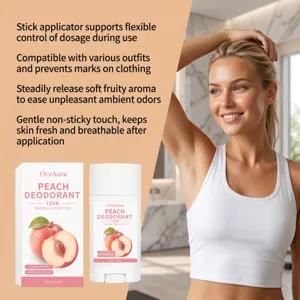 Detailansicht zeigt Pfirsich Deostick mit Model, sanfte Anwendung und frischer Duft im Alltag.