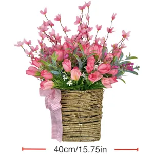 Macro view of pink artificial tulip flower basket showing 40cm or 15.75 inch width