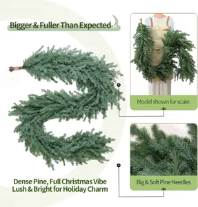 Lush realistic Norfolk pine garland detail showing soft needles and model for scale reference