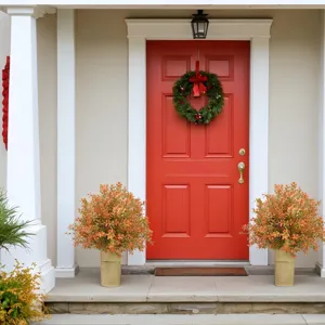 Outdoor autumn eucalyptus topiary trees in pots for welcoming front porch home decor