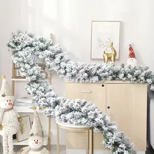 Artificial Christmas Flocked Garland Snowy White Fluffy Pine Needle Vine Fireproof Greenery For Fireplace Stairs Hotel Home Decor