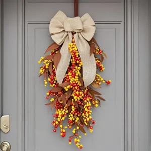 Autumn Maple Leaf Berry Teardrop Swag Wreath For Front Door Wall Hanging Fall Harvest Halloween Thanksgiving Decor With Burlap Bow