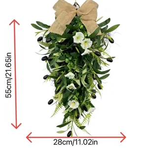 Teardrop olive wreath with white morning glory flowers and burlap bow, 55cm size detail