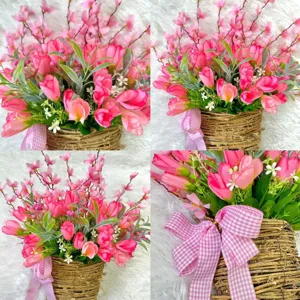 Close-up detail of artificial pink tulip basket with elegant pink checkered ribbon bow