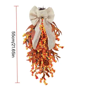 Autumn berry teardrop wreath for door hanging with burlap bow, 55cm length.