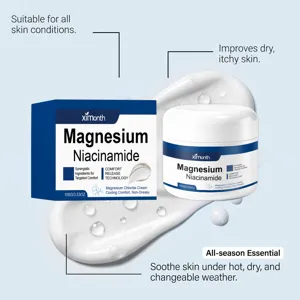 Gros plan detail de la texture de creme de niacinamide de magnesium dans le pot et boite.
