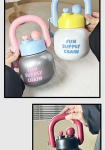 Close-up of cute dual-drink big belly water bottles with ergonomic handles and straw