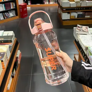 2L large capacity sports water bottle with straw and handle in pink clear finish