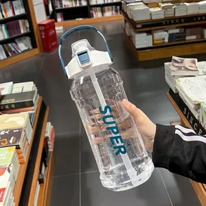 2L large capacity clear sports water bottle with straw and SUPER text design, portable style