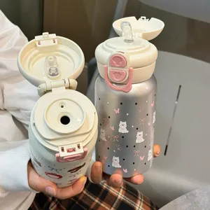 Schattige roestvrijstalen thermoskan met rietje, dubbel drinkontwerp beker voor studenten.