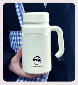 Botella termica blanca de acero inoxidable con asa, lindo diseno de dibujos animados diario.