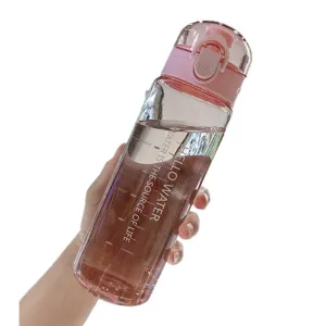 Outdoor portable plastic water bottle with flip lid, scale marks and clear body design.