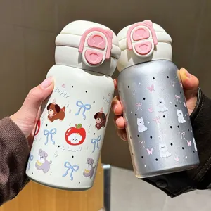 Adorable bouteille isotherme en acier inoxydable 316 avec couvercle paille et motif chiot.