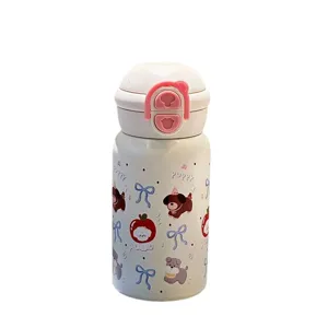 Jolie bouteille d'eau isotherme en acier inoxydable 316 motif chiot mignon avec paille et couvercle