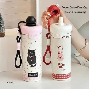Borraccia termica in acciaio inox 316 da 500ml con cannuccia e simpatico design cartoon.