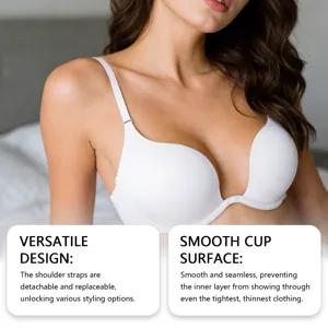 Detail view of the seamless deep V push-up bra with detachable straps for versatile wear.