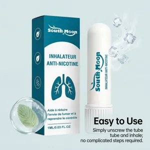 Close-up of portable anti-nicotine nasal inhaler with refreshing mint and ice effect.