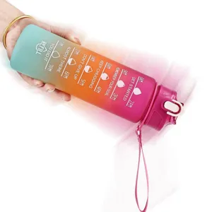 Close-up of 750ml frosted gradient sports water bottle with motivational time markers.