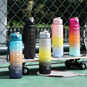 Detailed shot of 750ml matte gradient sports water bottles with time markers and quotes