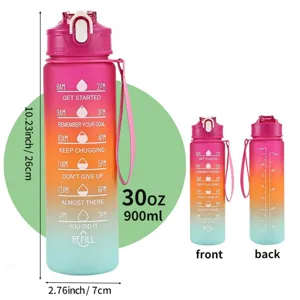 Detail view of gradient 30oz sports water bottle with time markers and dimensions
