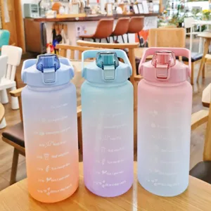 Grande capacité bouteille d'eau en plastique dégradé avec paille et poignée pour sport en plein air.