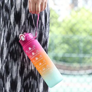 Detail of a 750ml gradient matte sports water bottle with motivational time markers.