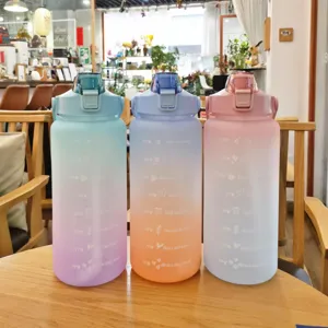 Grande capacite gourde plastique degrade avec indicateur de temps et poignee sport.